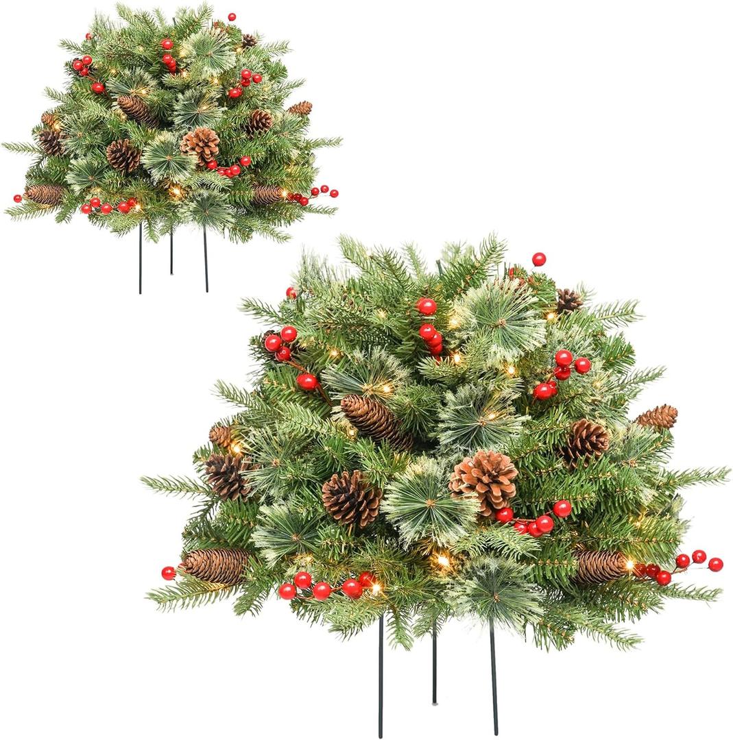 Christmas Planter Filler Tree Outdoor Prelit 2 Pack, 24" Urn Fillers for Porch Planters Pathway Battery Operated Light Red Berry Pine Cone, Xmas Greenery Outside Decorations
