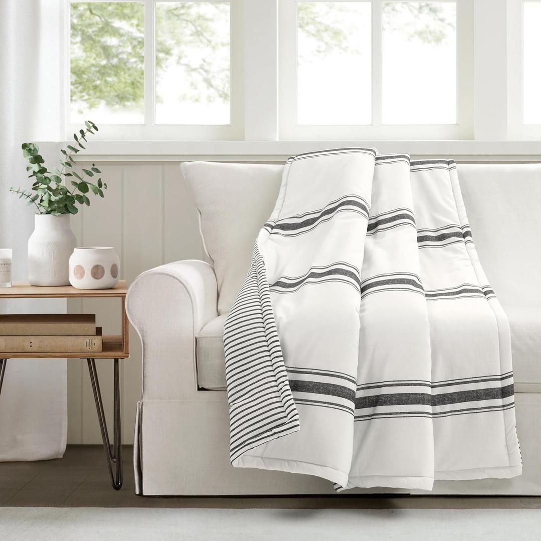 Lush Decor Farmhouse Stripe Reversible Throw, Single, 50" W x 60" L, Black - Classic Modern Rustic Charm - Cozy Soft Single Pinstripe Print Blanket