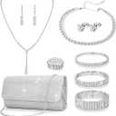11 Pcs Silvery Clutch Purse Crystal Jewelry Set for Women Shiny Rhinestone Jewelry Accessories for Evening Party Bride Wedding | 11 Pcs, Silver, Shiny, Rhinestone, for Evening Party, Bride Wedding