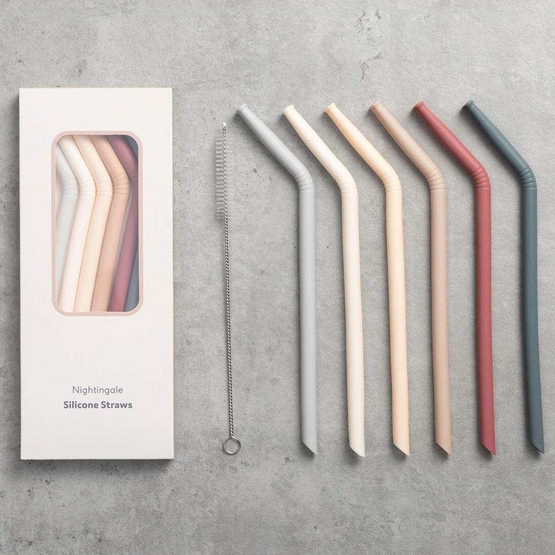 Nightingale Reusable Silicone Straws - Bendy Drinking Straw with Cleaning Brush - Collapsible and Bendable Travel Straw for Kids - Dishwasher Safe, Food-Safe - Set of 6 (Oak Multi)
