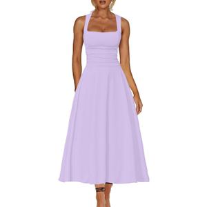 Kaximil Women's Square Neck Corset A Line Maxi Dress Ruffle Ruched Waist Flowy Long Dresses (Purple, M)
