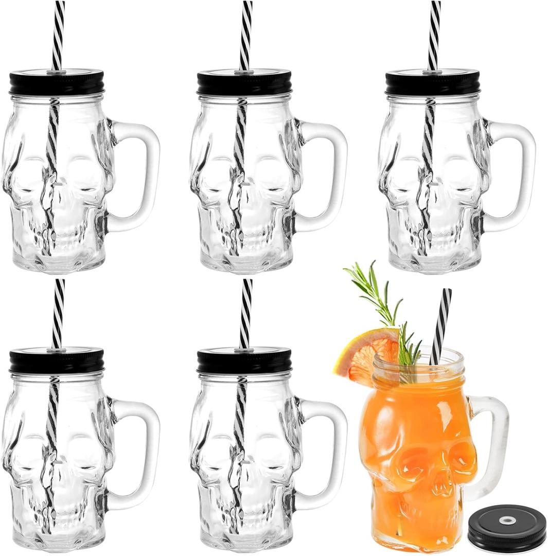 TOPZEA 6 Pack Skull Mason Jars with Handle, 16 Oz Glass Beer Mugs Gothic Wide Mouth Tumbler Cup with Straws and Lids, Novelty Pub Bar Mug Halloween Drinking Glasses for Beverage, Liquor, Mix Cocktail