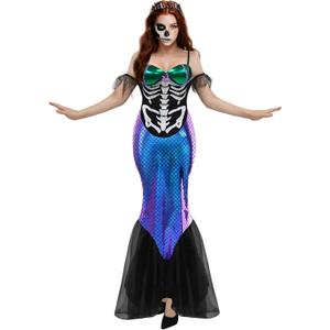 Women's Midnight Siren Costume  Skeleton Mermaid Halloween Dress with Iridescent Tail & Headband (L)