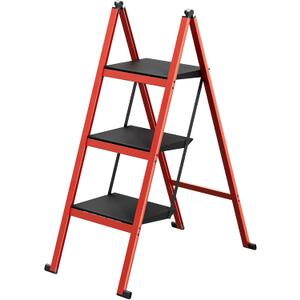 3 Step Ladder,Aluminum Ultra Thin Folding Step Stool,400 Lbs Capacity Heavy Duty with Anti-Slip Sturdy and Wide Tread,Closet Slim Step for Home,Kitchen and Office,Space Saving (Red, 3-Step)