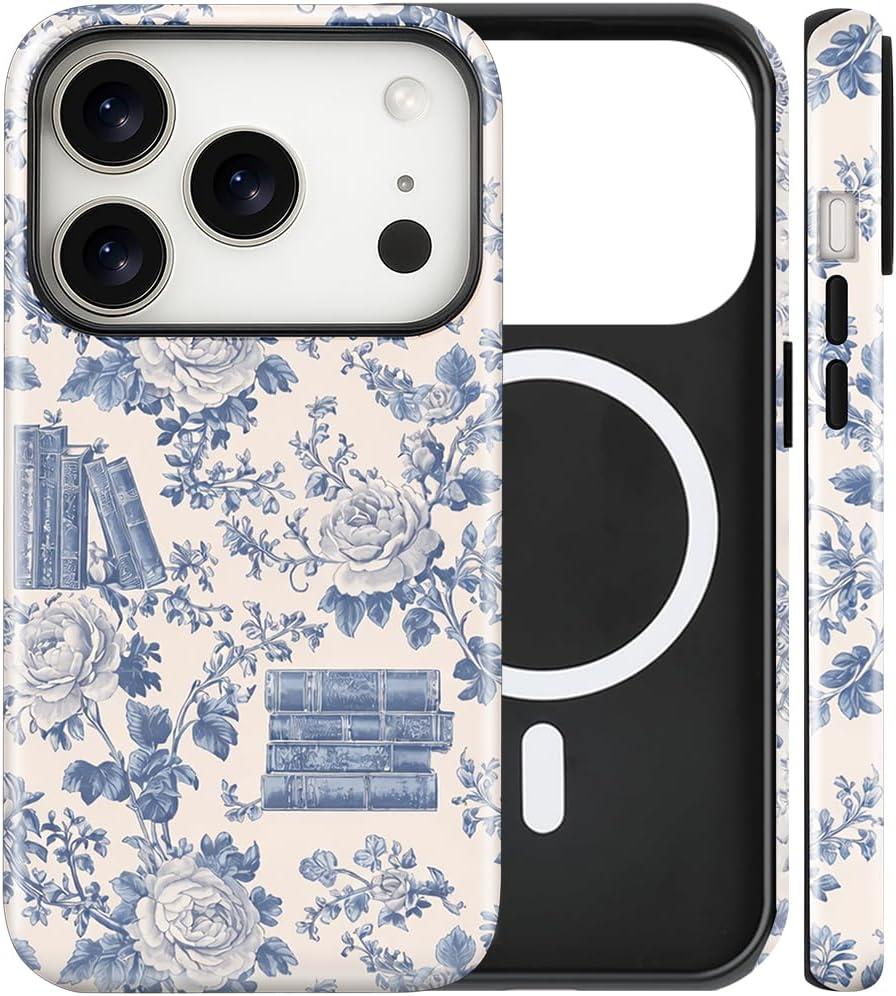 Magnetic for iPhone 17 Pro Case Cute Toile Bookish Flower Phone Case, Blue Cottagecore Floral Shockproof Slim TPU and Hard PC Protective Phone Cover Compatible with MagSafe Gift for Book Lover