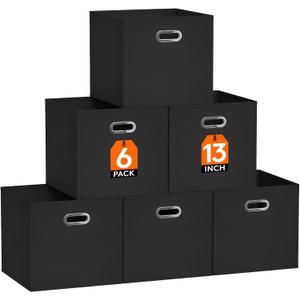 Lifewit 13 Inch Cube Storage Bins, 6 Packs Cube Storage Organizer, Foldable Decorative Fabric Storage Baskets for Organizing Home Organizers with Metal Handles for Shelves, Closet, Black