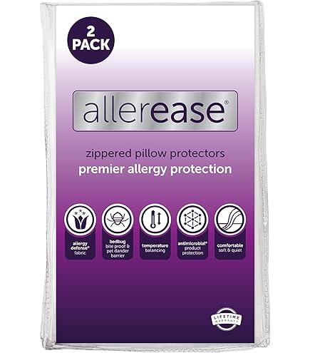 Allerease Zippered Pillow Protector Premier Allergy Protection, Queen Size,2Pack