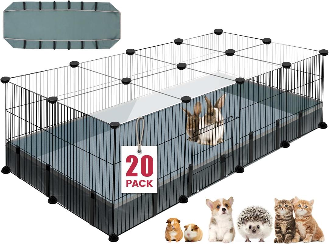 20 Panels Small Animal Playpen, 48" x 24" x 16" Pet Playpen with Waterproof Mat, C&C Cage for Guinea Pigs, Rabbit/Bunny/Baby Chicken Cage, Bunny/Puppy/Chicken Pen Indoor Outdoor Portable Metal Fence