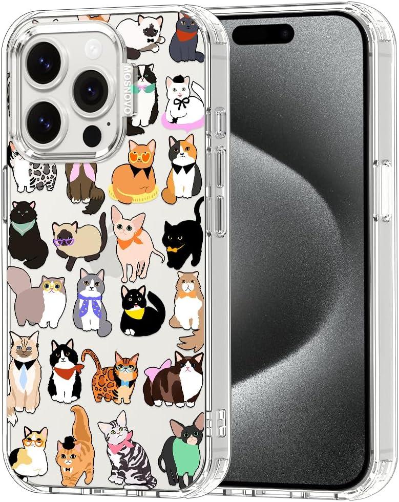 MOSNOVO Case for iPhone 15 Pro, [Buffertech 6.6ft Military-Grade Drop Protection] [Anti Peel Off Tech] Clear TPU Bumper Phone Case Cover Design - Cute Cats