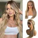 Smartinnov 13x4 HD Lace Front Human Hair Wig, Blonde with Highlights 16 Inch 150% Density Balayage Ash Blonde for Women Transparent Pre Plucked with Baby Hair Omber Chestnut Brown Roots (#8T18P60)
