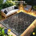 8x10Ft Outdoor Rug, Solar Powered Outdoor Rug with 113LEDs Strip Lights for House Deck, Waterproof Plastic Reversible Outdoor Straw Rugs, Rugs RV Camping Patio Courtyard Beach Picnic(Black Gray)