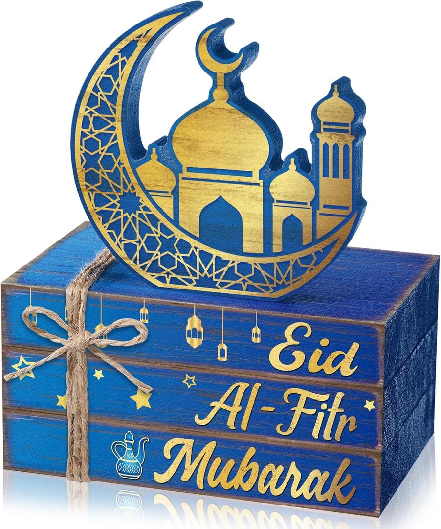 Geelin 4 Pcs Eid Mubarak Tiered Tray Decor Wooden Book Stack Signs, Blue Gold Islamic Crescent Moon Mosque Table Centerpiece for Ramadan Home Shelf Coffee Bar Mantel Decorations