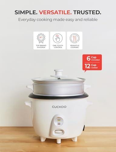 CUCKOO One Touch Rice Cooker 12-Cup Cooked, Small Rice Cooker & Warmer with Steamer Tray, Versatile Grain Cooker, Soup Maker, Auto Keep Warm, 6-Cup Uncooked, White (CR-0601C) White
