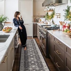 Hallway Washable Runner Rug - 3x20 Kitchen Rugs Entryway Rug Runner Vintage Soft Floor Mat Non Slip Indoor Farmhouse Carpet for Bathroom Living Room Bedroom (3x20, Black)