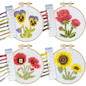 Kraftex Stamped Cross Stitch Kits for Beginners (Flower Theme - 6.75 Inch - 4 Pack 1 x Embroidery Hoop) Embroidery Needlepoint Patterns for Adults, Includes Poppy, Rose, Sunflower and Pansy