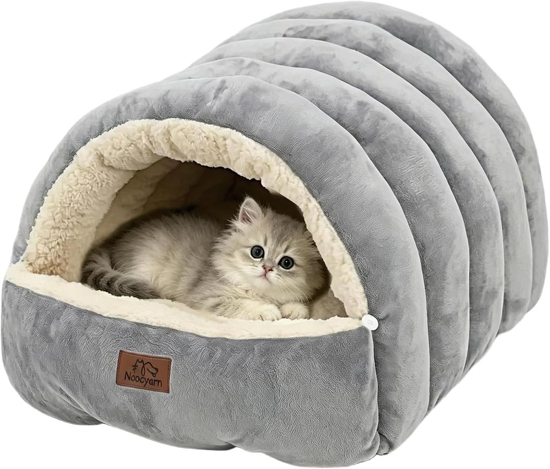 Covered Cat Bed Cave for Indoor Cats, 2-in-1 Enclosed Pet Bed for Kittens with Zippered Washable Cat Mats, Cat House Bed, Grey