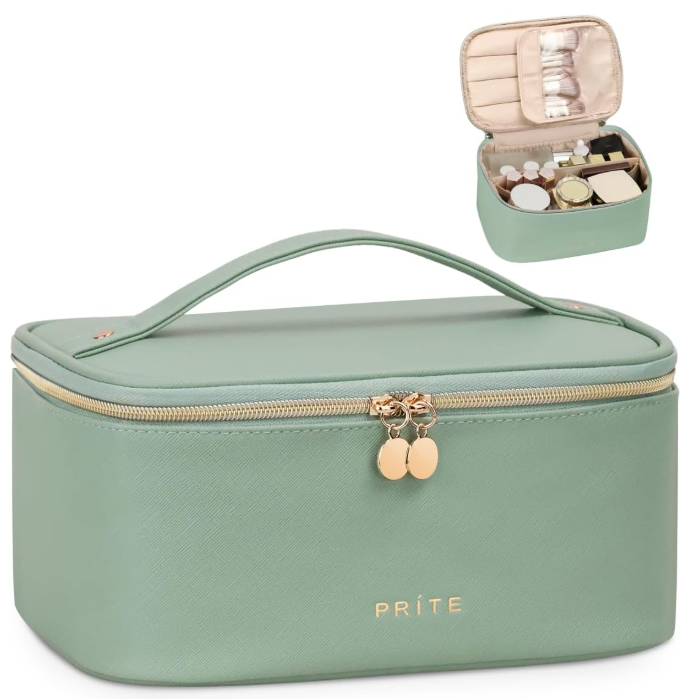 Prite Makeup Bag, Large Capacity Portable Travel Cosmetic Bag, Waterproof Makeup Organizer for Women with Handle and Divider (001 Green