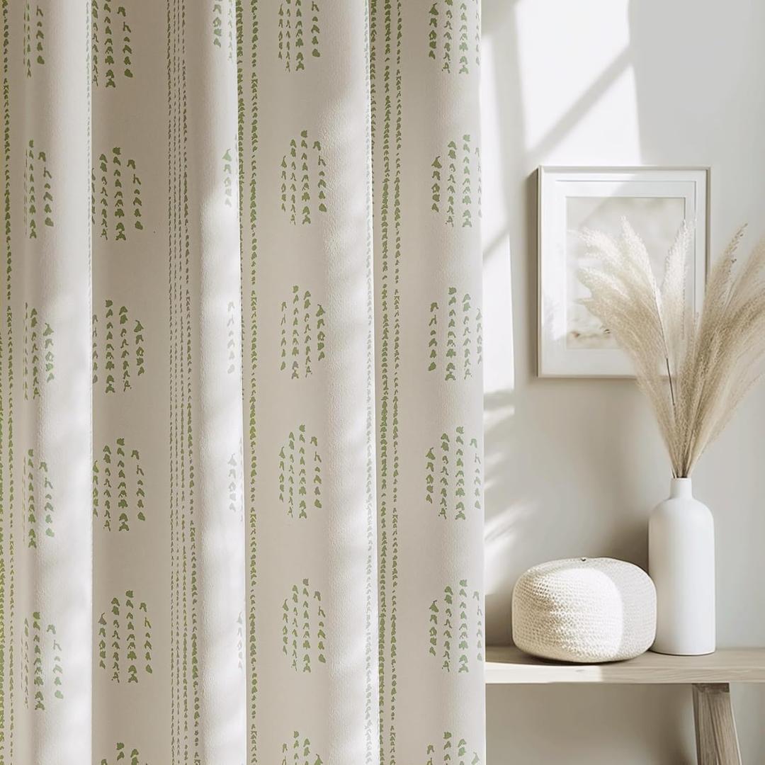 100% Boho Blackout Curtains 90 Inches Long for Bedroom, Green on Beige Patterned Bohemian Curtains for Living Room, Geometric Striped Thermal Insulated Window Drapes Gromment Top 2 Panels