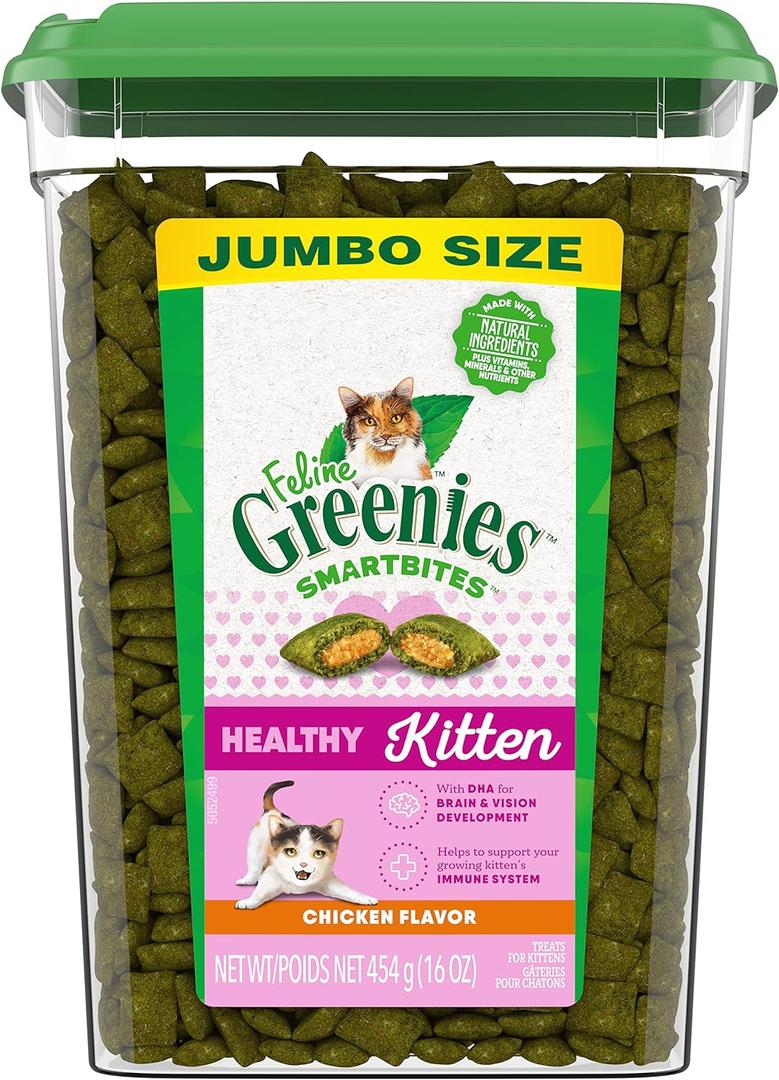 Greenies Feline Smartbites Healthy Kitten Treats, Crunchy and Soft Natural Cat Treats, Chicken Flavor, 16 oz Tub (1 Pound (Pack of 1)), BBD: 11/2025