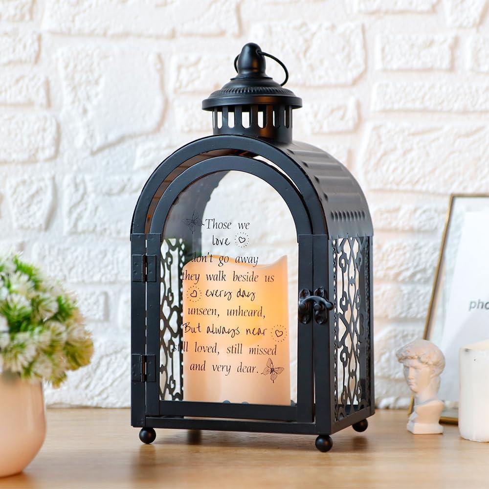 TRIROCKS Memorial Lantern 11'' High Walk Beside Us Remembrance Lantern With Automatic Timer LED Candle And Love Pattern Bereavement Sympathy Gifts For Funeral Memorial Service Loss of Loved One(Black)
