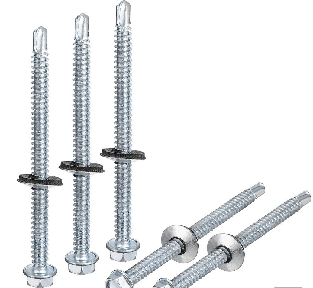 uxcell #14 x 3-9/16" Self Drilling Screws with Rubber Washer, 100pcs Zinc Plated Steel Roofing Screws Hex Head Self Tapping Screws with EPDM Washer for Metal to Metal