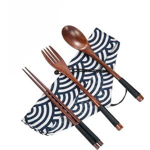 1 Set Wooden Utensil Set, Travel Utensils for Eating, Wooden Fork Spoon Chopsticks, Reusable Portable Flatware Cutlery Set, Tied Line Flatware with Pouch for Lunch Camping Traveling