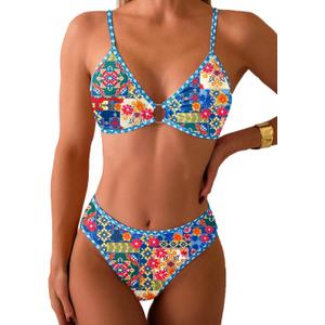 Fanuerg Women's Triangle Bikini Sets O Ring Linked Two Piece Swimsuits Floral Printed Cheeky Bathing Suit (Blue, M)