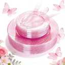 WDF Rose Gold Pink Plastic Plates with Pink Plastic Silverware include 40 Dinner & Salad Plates, 40Forks, 40 Knives, 40 Spoons for Party Baby Shower Wedding Spring Mother's Day