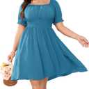 Women Plus Size Square Neck Mini Dress Puff Sleeve Smocked Flowy A-Line Boho Casual Short Dresses (Sky Blue), Size: XX-Large Plus