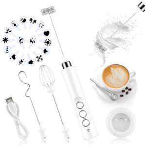 Electric Milk Frother Handheld with 3 Whisks - USB Rechargeable frother 3-Speed Adjustable Foam Maker Drink Mixer for coffee Latte Cappuccino Cake Egg Hot Chocolate (White)