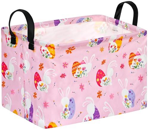 FUULOXE Rectangular Easter Basket Storage Bin for Shelves Cute Gifts Baskets Foldable Box with Handles for Boy and Girl Home Office Car Dormroom Easter Party Supplies, 14.5"L x 10.2"W x 9.4"H, rabbit