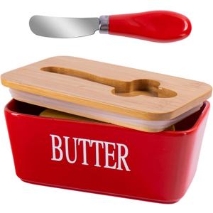 Red Butter Dish with Lid for Countertop, Large Ceramic Covered Butter Stick Holder Container for Fridge 
