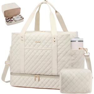 LOVEVOOK Large Travel Duffle Bag for Women, 52L Weekender Bags with Shoe Compartment & Wet Pocket, Quilted Carry On Personal Item Bag, Overnight Hospital Bags for Labor Delivery Beige
