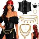6PCS Pirate Costume Accessories for Women with Head Scarf Bandanas,Eye Patch,Corset,Necklace,Waist Chains,Earring (Red), One Size