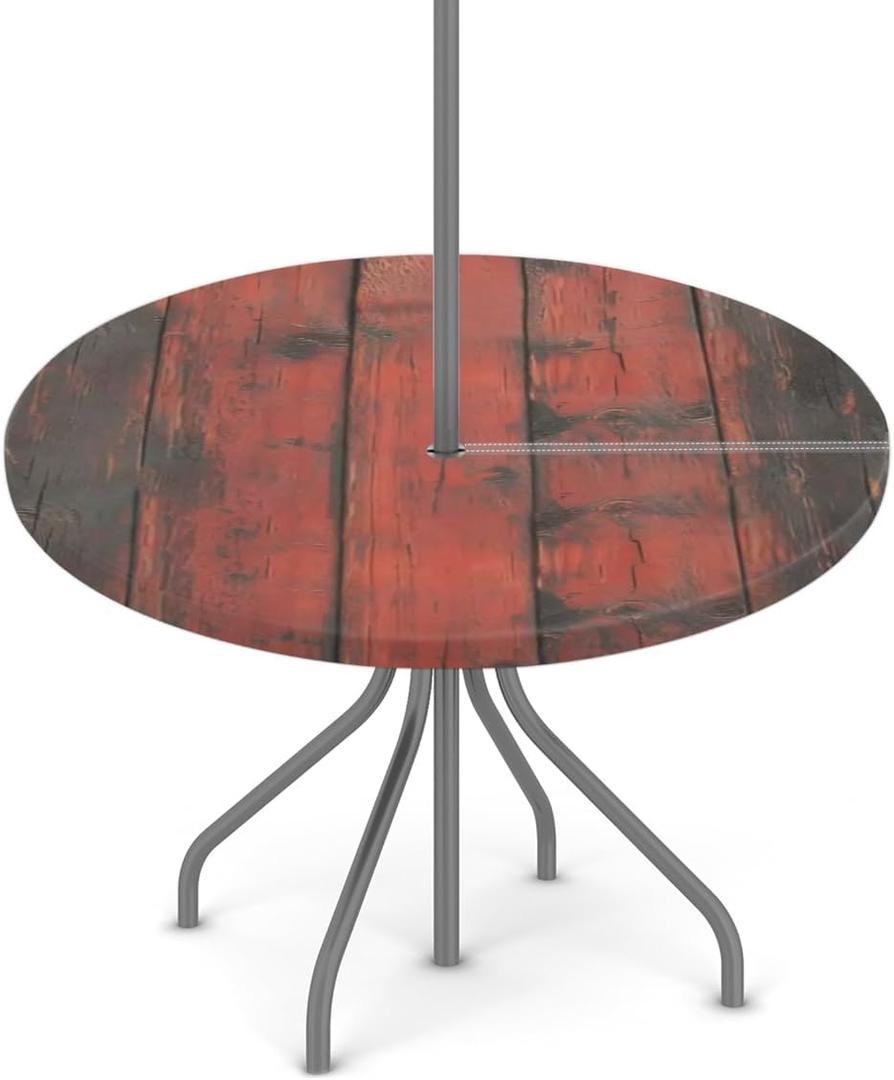 Wooden Texture Charm Round Outdoor Tablecloth with Umbrella Hole, Round Fitted Table Cloth with Elastic Zippered Table Covers 36-44in Waterproof Umbrella Tablecloths Circle Elastic Table Cover