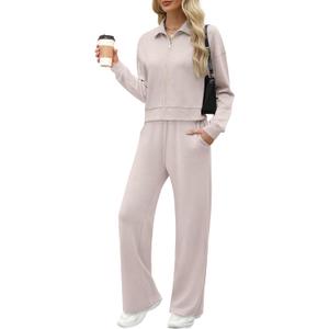 XIEERDUO Lounge Sets for Women 2025 Sweatsuit 2 Piece Outfits Sweatshirt Wide Leg Sweatpant Tracksuit Matching Set (Medium, Apricot)