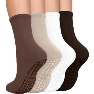 yeuG Pilates Socks for Women Non Slip Grip Socks for Yoga, Barre, Hospital, Barefoot Grippy Yoga Sock Womens Gifts 4 Pairs (Small-Medium, E04-brown/Dark Coffee/Beige/White)