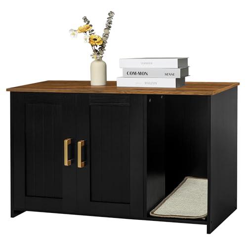 Dwanton Litter Box Enclosure, Cat Litter Box Furniture Hidden, with Scratching Mat, Wooden Cat Washroom Indoor, Fit Most of Litter Box, 31.5" L x 19.7" W x 21.7" H, Black+Warm Brown