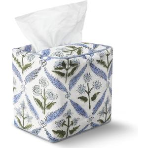 Mimorou Blue Fabric Tissue Box Cover - Floral Print Tissue Box & Decorative Square Napkin Holder Handmade Cotton for Home Bedroom Vanity Countertop Night Stands Office
