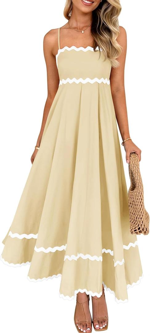 ZESICA Women's 2026 Summer Spaghetti Straps Sleeveless Backless Sundress Flowy Smocked Lace Swing A Line Midi Dress (Medium, Yellow)