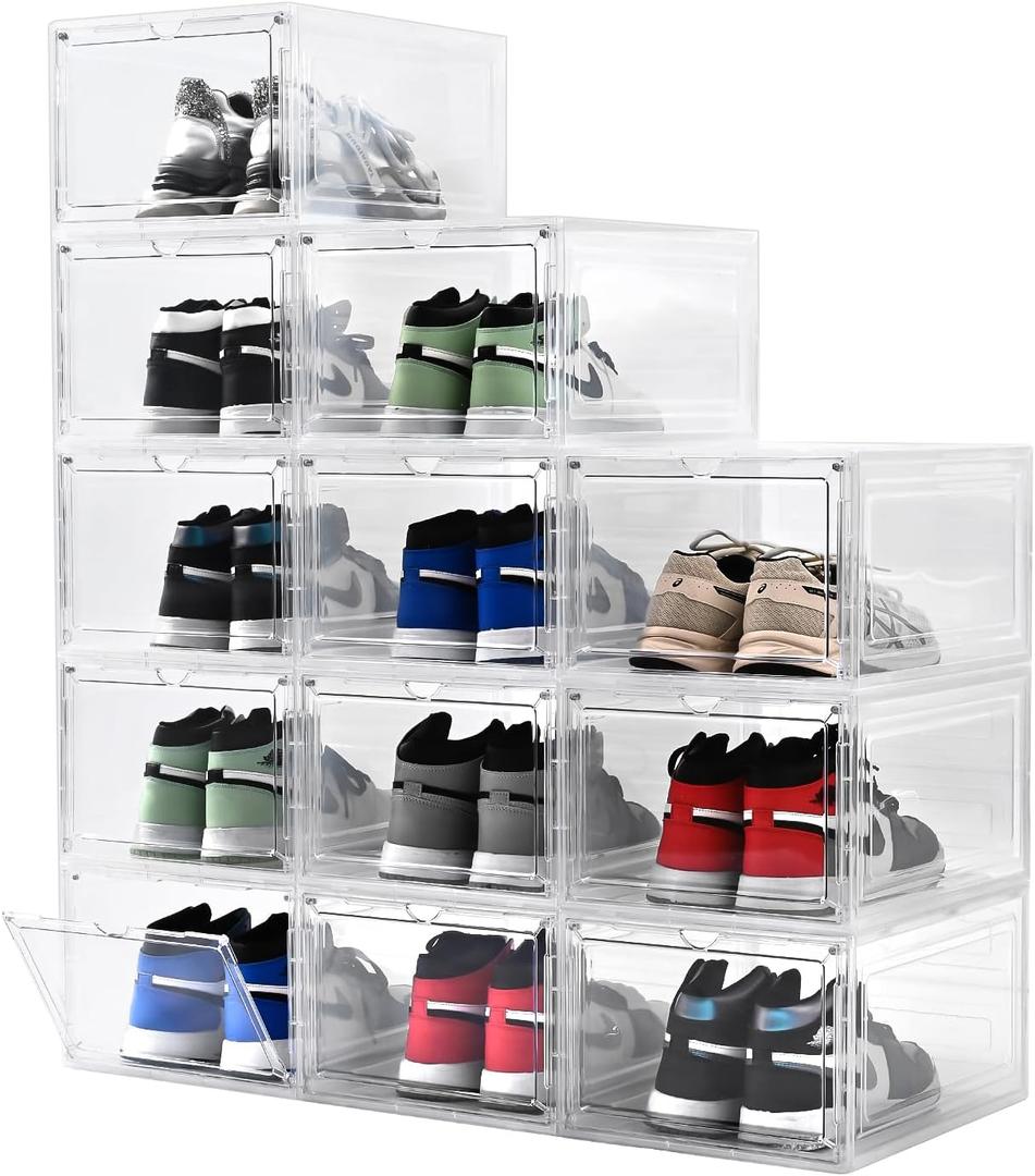 Large Shoe Boxes Clear Plastic Stackable Drop Front Shoe Box with Clear Door, Shoe Containers For Sneaker Display, Fit up to US Size 12