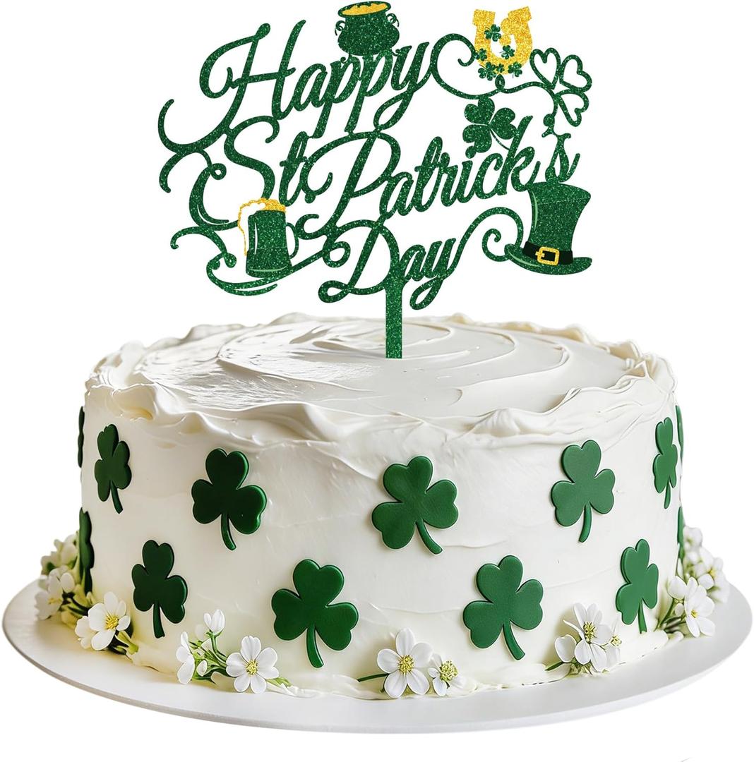 2 x Happy St Patrick's Day Acrylic Cake Topper Lucky Day Clover Shamrock Beers Horseshoe Cake Decorations for Irish Theme Party