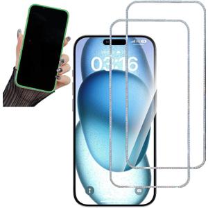 2PCS Glitter Screen Protector Suit for iPhone 17/iPhone 17 Pro/iPhone 16 Pro,Diamond Bling Shiny Shine on Night Sparkling Tempered Glass Suit for iPhone 17/iPhone 17 Pro/iPhone16 Pro 6.3 Inch