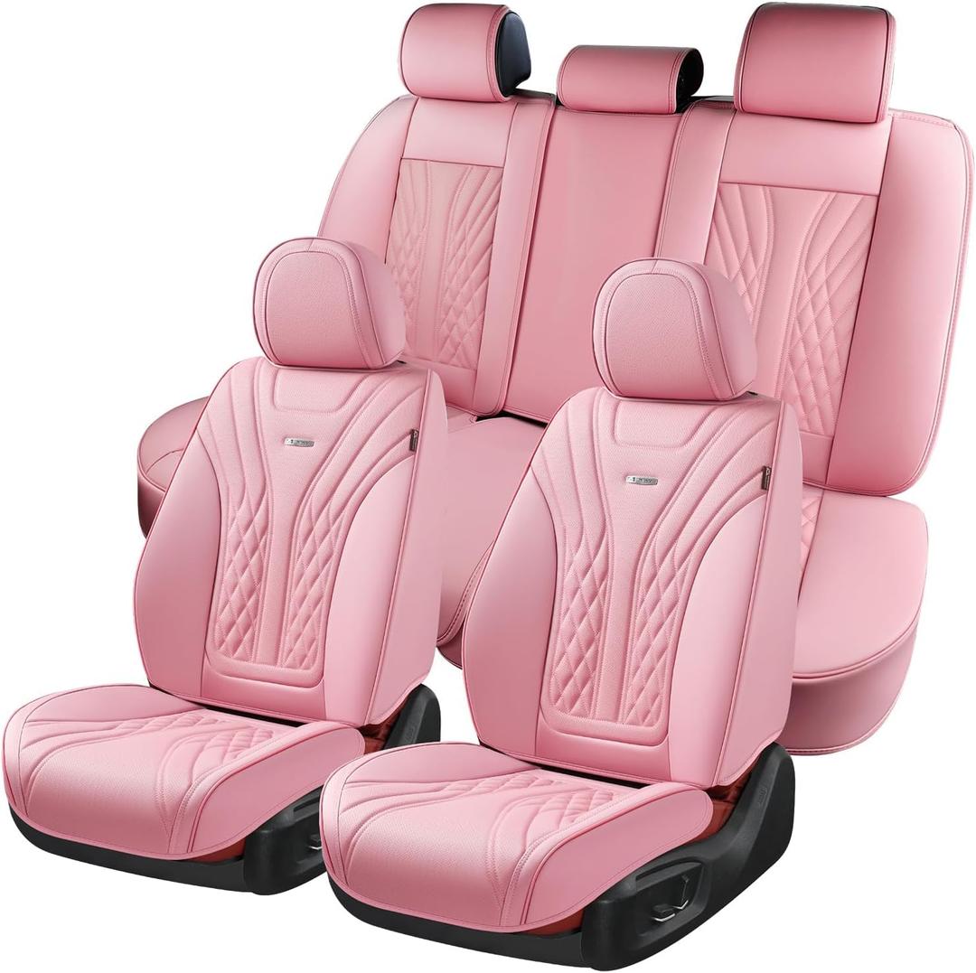 Coverado Car Seat Covers Full Set, 5 Seats Front Seat Cover and Back Seat Covers for Cars, Automotive Seat Covers Nappa Leather Waterproof Seat Covers, Car Seat Protectors Universal for Cars Pink (FullSet)