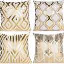 ZLINA Home Decorative Set of 4 Throw Pillow Covers Gold Foil Pillow Covers 18 18 Inch Geometric Square Cushion Covers Decor Couch Sofa BedroomWhite and Gold