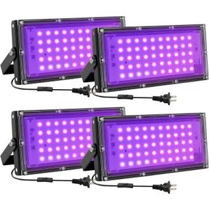 50W LED Black Lights for Glow Party, IP65 Waterproof UV Blacklight Floodlight 395nm Black Light Spotlight Purple Black Light Flood Light Fluorescent UV Light Lamp for Halloween Decor (4 Pack)