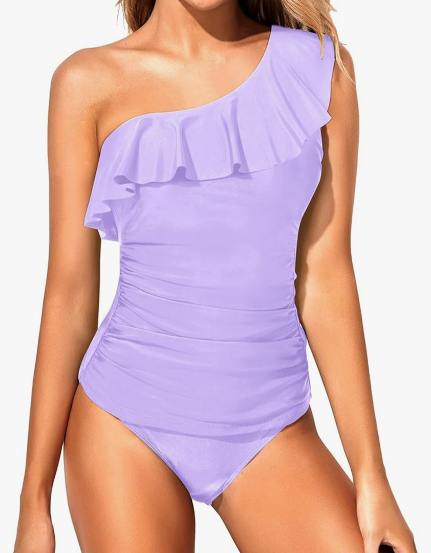 Yonique Women's Two Piece Swimsuits One Shoulder Tankini Tummy Control Bathing Suits Ruffle Swimwear M