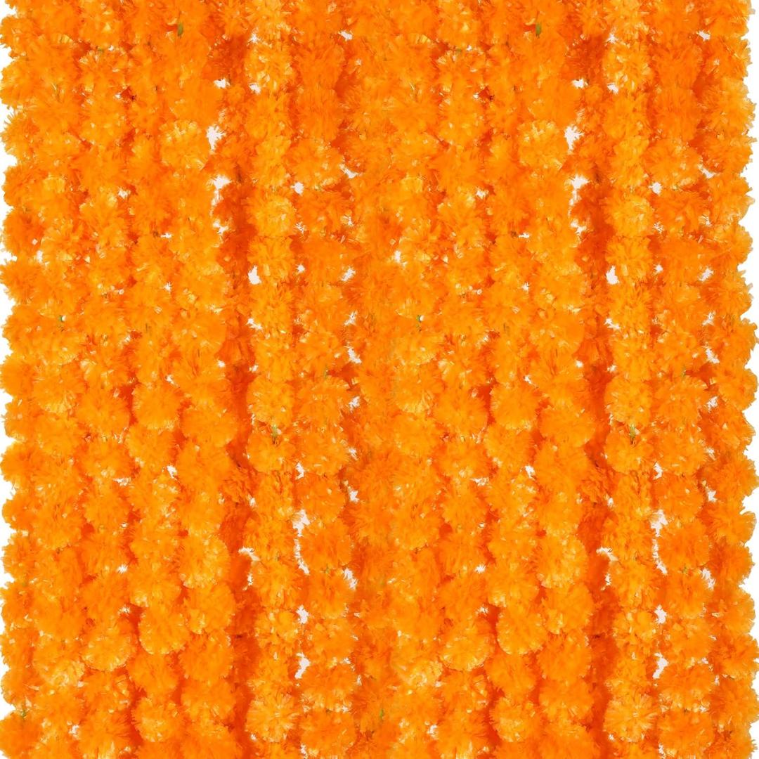 Giegxin 15 Pack Marigold Garland for Decoration 5 ft Long Strands Faux Artificial Marigold Flowers Diwali Indian Wedding Party Mantle Decor for Da De Muertos Pooja Religious Pongal(Light Orange)
