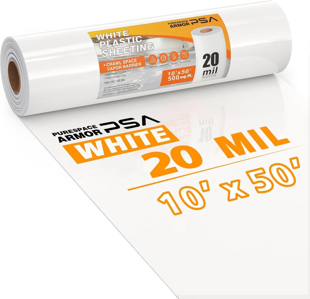 Crawl Space Vapor Barrier, 20 Mil Vapor Barrier, 10'x50', White Plastic Sheeting - Thick Plastic Sheeting, Heavy Duty Polyethylene Film, Drop Cloth Vapor Barrier Covering for Crawl Space, Basement
