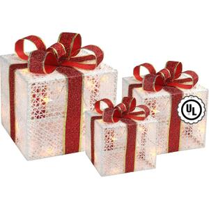 3-Piece Lighted Gift Boxes - Pre Lit Christmas Decoration with Ribbons for Indoor/Outdoor Use (8in) - Weather Resistant Yard Home Decor with Warm UL Lights